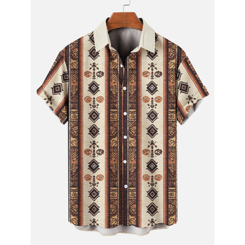 2025 Mocha Mousse Vintage Barong ผู้ชายชาติพันธุ์พิมพ์ดอกไม้เสื้อแขนสั้นหลวมสบายๆ Plus ขนาด Vintage 