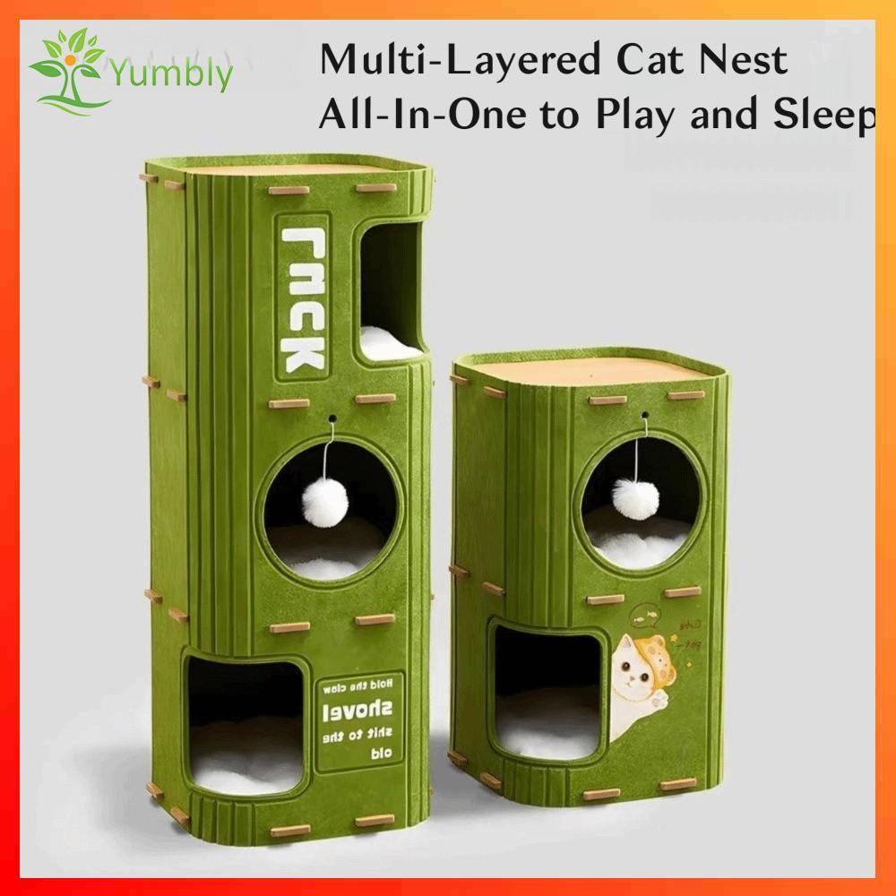 YUMBLY ကြောင်ရဲတိုက် အလုံးစုံ (All-in-One) ကြောင်ကွန်ဒို များတတ်ပြီး ဆလင်ဒါပုံစံ အိမ် (အစိမ်းရောင်) ဂျပန်စတိုင်