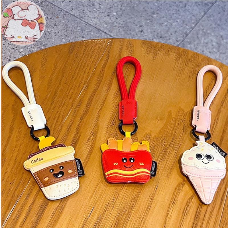 Tast 1 ชิ้นน่ารัก French Fries กาแฟไอศกรีมคู่กระเป๋าจี้สร้างสรรค์การ์ตูนหนังขนมพวงกุญแจของขวัญ EN
