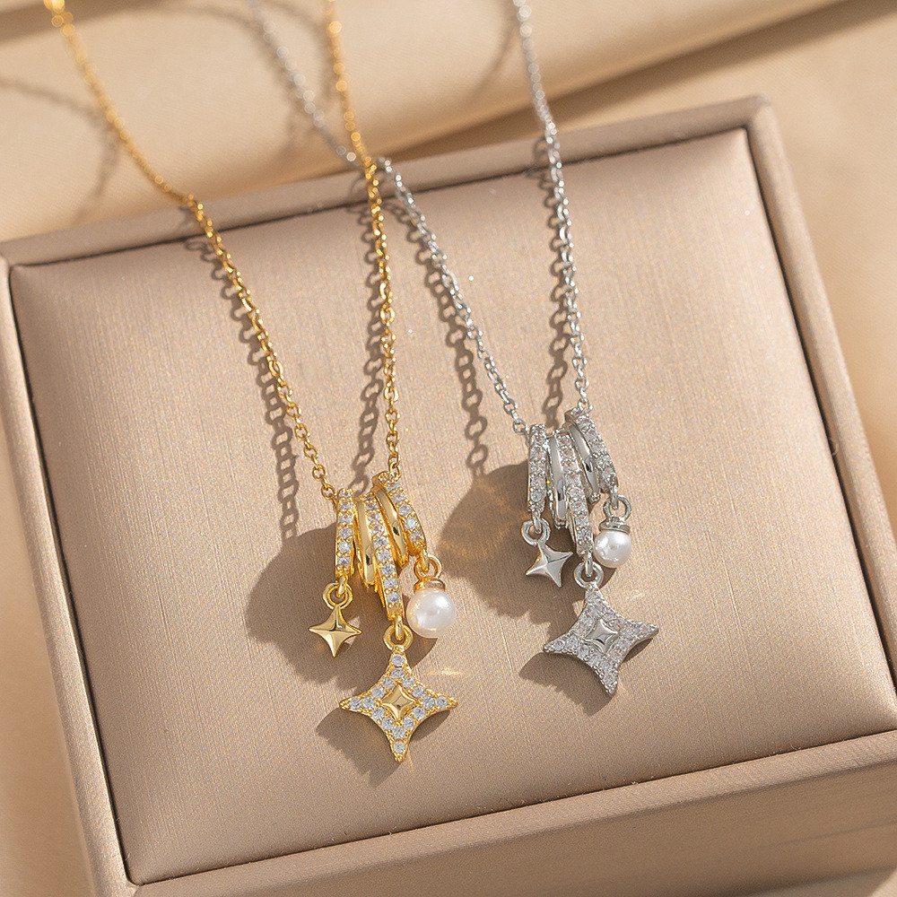สร้อยคอไทเทเนียมเหล็กชุบ 18เค ทองแท้มุกดาวแหวนจี้กระดูกไหปลาร้าโซ่สุภาพสตรีเครื่องประดับ