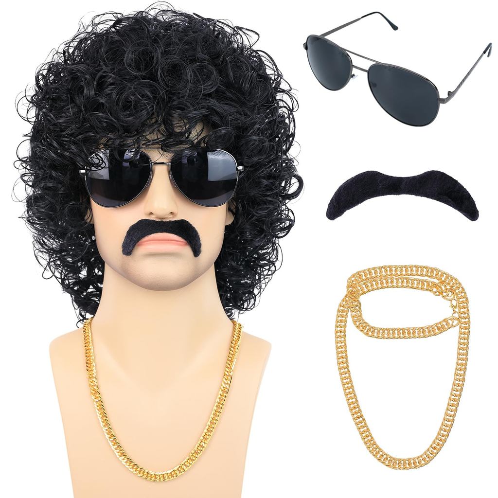 80s Short Black Curly Wig for Men with Mustache Glasses and Chain 70s Mullet Wig with Curl for Rocke