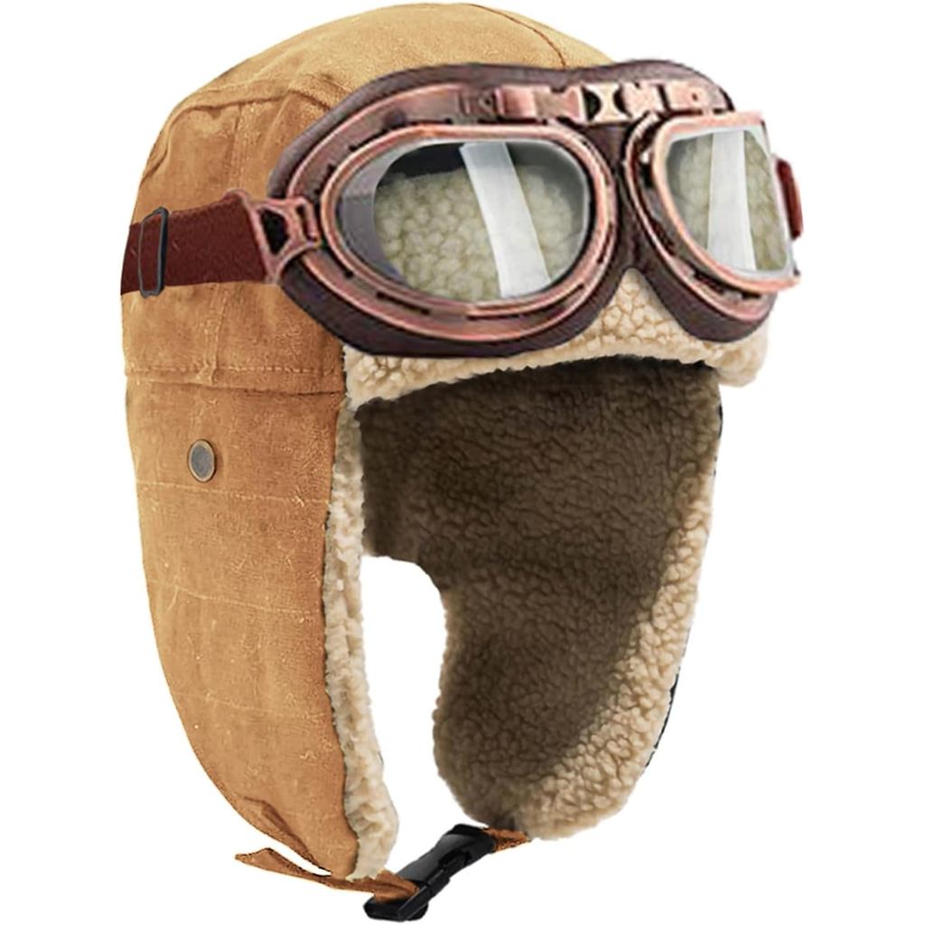 Peicees Aviator Hat with Goggles for Adult Kids- Vintage Pilot Costume Cap Winter Fur Trapper Hat Fo