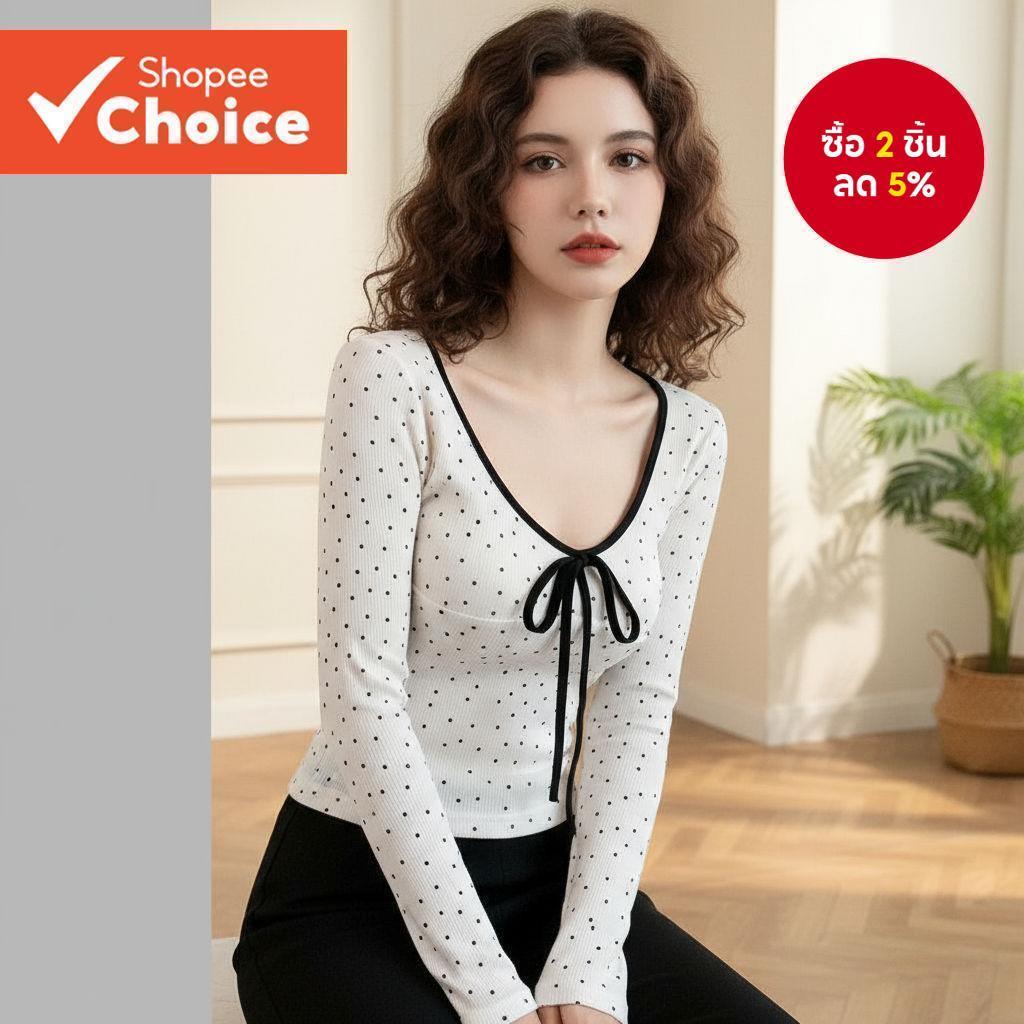 เสื้อยืดลําลอง Polka Dot Bow Contrast Binding ฤดูร้อน/ฤดูใบไม้ผลิเสื้อยืดสําหรับผู้หญิง L110AD470