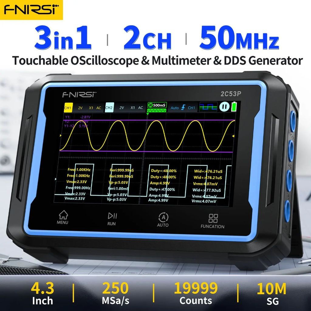 FNIRSI 2C53P หน้าจอสัมผัส Digital Oscilloscope + Multimeter + เครื่องกําเนิดไฟฟ้าสัญญาณ 3IN1 Dual Ch