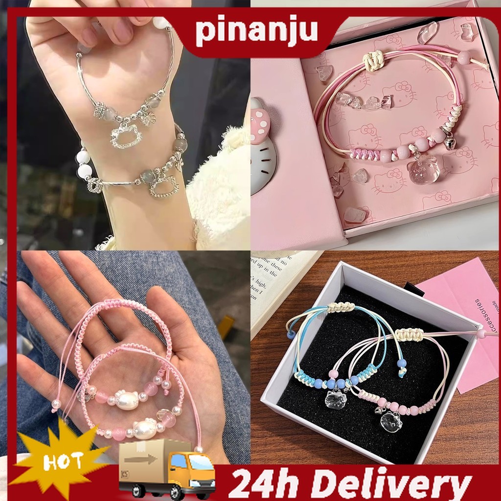 คิตตี้แมวลูกปัดสร้อยข้อมือชุดทอกําไลสร้อยคอโบว์แหวนเครื่องประดับแฟชั่นของขวัญวันเกิดสาว