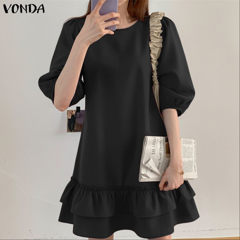 VONDA ชุดเดรสสไตล์เกาหลีสำหรับผู้หญิง ดีไซน์คอพัฟและแขนระบาย สไตล์ A-line สีทึบ — صورة 6