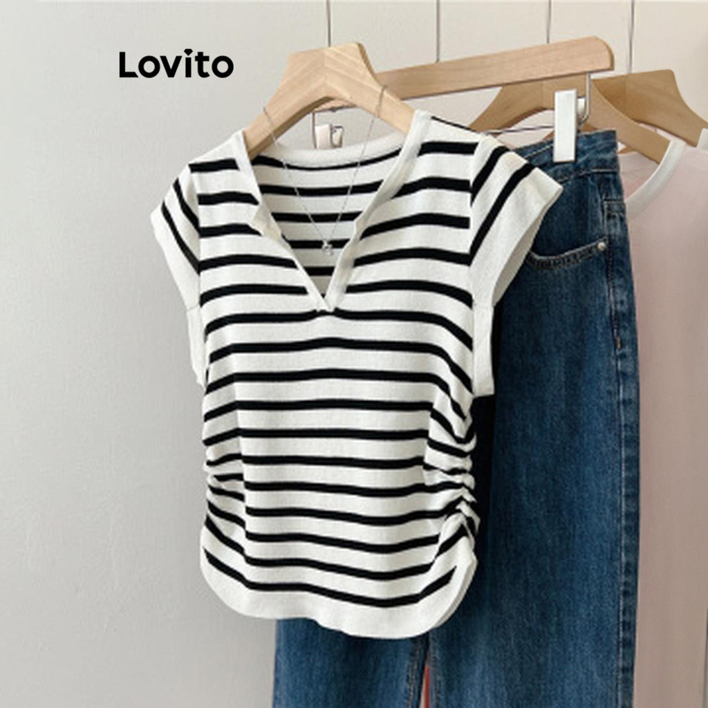 Lovito เสื้อยืดลําลองเสื้อยืดลาย ยักไหล่ สําหรับผู้หญิง LNE46342