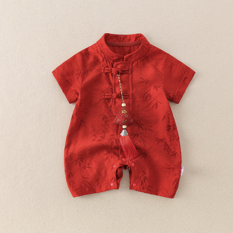 ปีใหม่ทารกแรกเกิด กี่เพ้า เด็กแขนสั้นผ้าฝ้ายไม้ไผ่พิมพ์ ชุดจั๊มสูท ส่งถุงไม้ไผ่สีแดง - รูปที่ 5