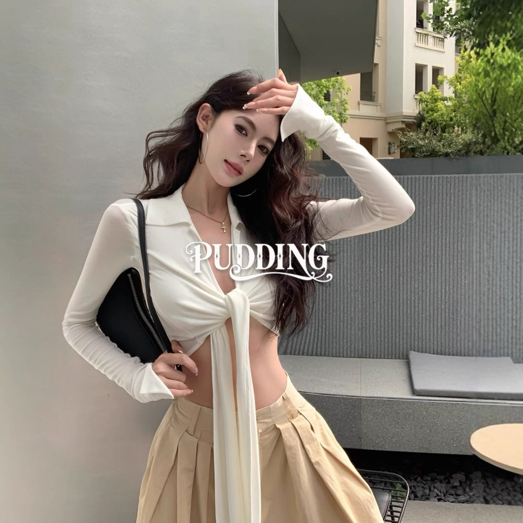 Pudding’พร้อมส่ง’ FY2989 เสื้อแขนยาว เสื้อครอปสั้น  แขนยาว   ดีเทลผูกเอวด้านหน้า  สีพื้น  เซ็กซี่เบาๆ