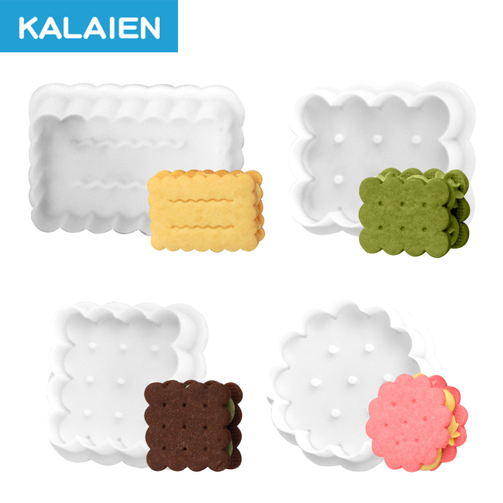 คาไลน์ 4 ชิ้น แสตมป์คุกกี้ลายหยักรอบ, สแควร์, สี่เหลี่ยมผืนผ้า แม่พิมพ์อบ DIY