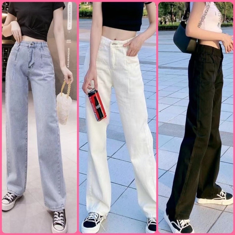 SHOP_MKL🌿กางเกงยีนส์เอวสูง ผ้าไม่ยืด สไตล์เกาหลี กางเกงขายาว มีกระเป๋าหน้า#8550