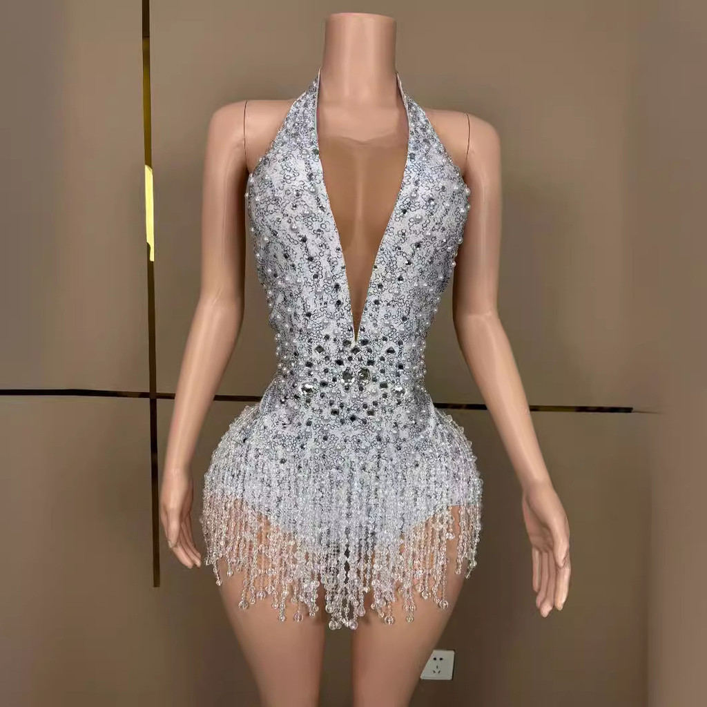 Stage performance printed pearl necklace crystal tassel bodysuit, Latin dance silver sparkly group c