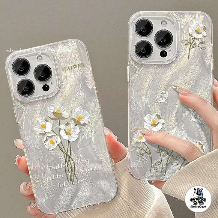 For iPhone 17 16 Lilies เคส ไอโฟน เลเซอร์โฮโลแกรมหรูหราขนสีเงิน For iPhone 11 13 15 14 12 Pro Max XR X XS Max 7 8 PLUS