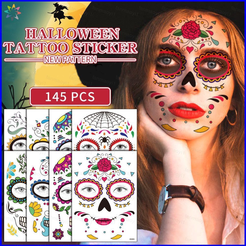 LF1 Day of the dead สติ๊กเกอร์ฮาโลวีน กันน้ําเหงื่อสวมหน้ากากปาร์ตี้ประหลาดแต่งหน้าชั่วคราว Face tat
