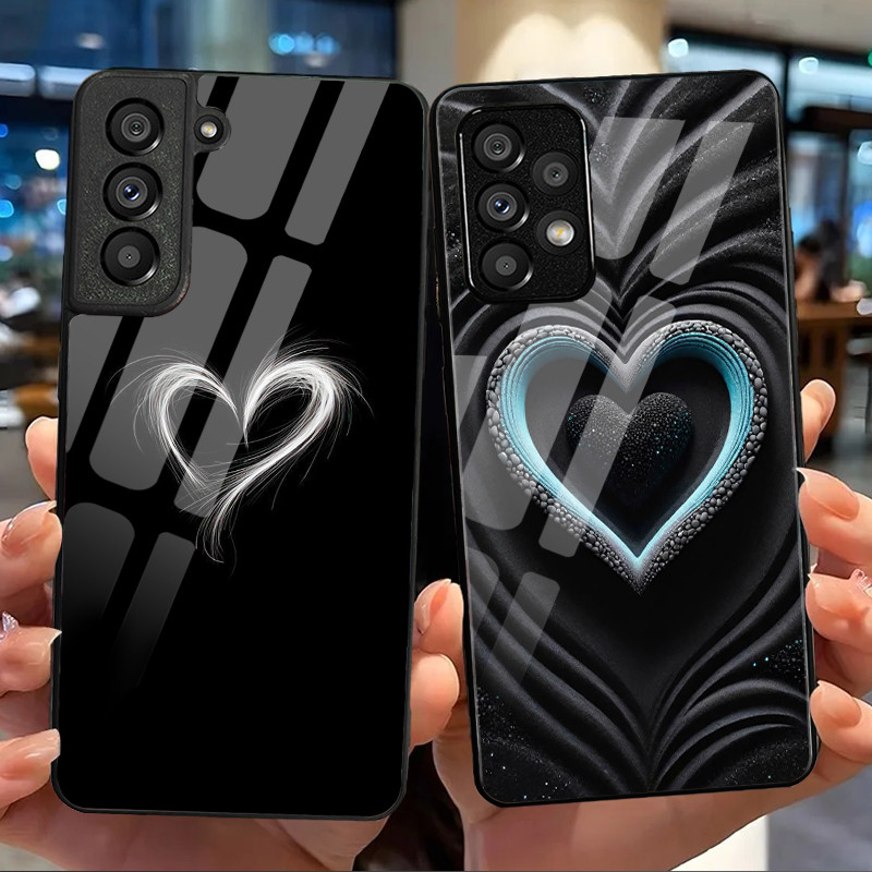 SAMSUNG หัวใจสีดําแก้วเคสโทรศัพท์สําหรับSamsung Galaxy S9 Plus S10 S10e S20 FE S20 Plus S21 S22 S23 