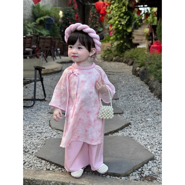 Rose Ao Dai พร้อมคอปกและผ้าคลุมหน้าสําหรับเด็กผู้หญิง 3-30กก