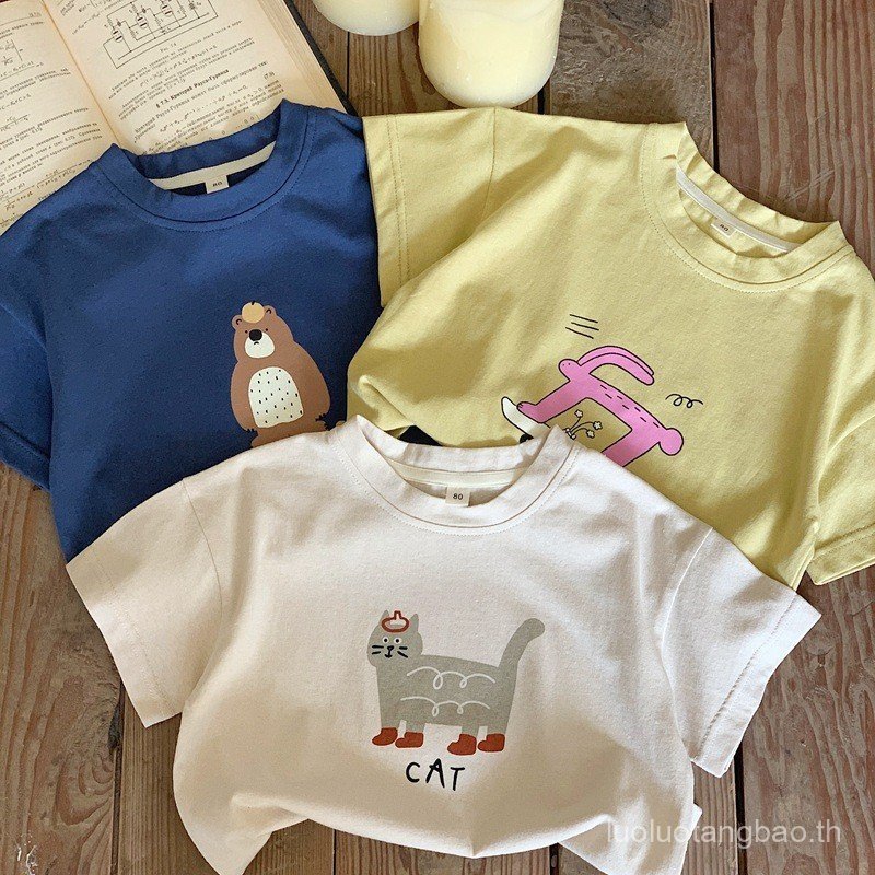 เสื้อยืดอารมณ์เกาหลีสำหรับเด็ก ทำจากผ้าฝ้ายคุณภาพดี มีความโปร่งลม แขนสั้น ออกแบบมาให้สวมใส่ในฤดูร้อน ปี 2025 สำหรับเด็กชายและเด็กหญิง