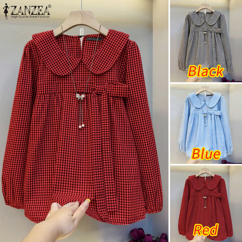 ZANZEA เสื้อลายสก๊อตแขนโบว์ pleated สไตล์เกาหลี retro — صورة 3