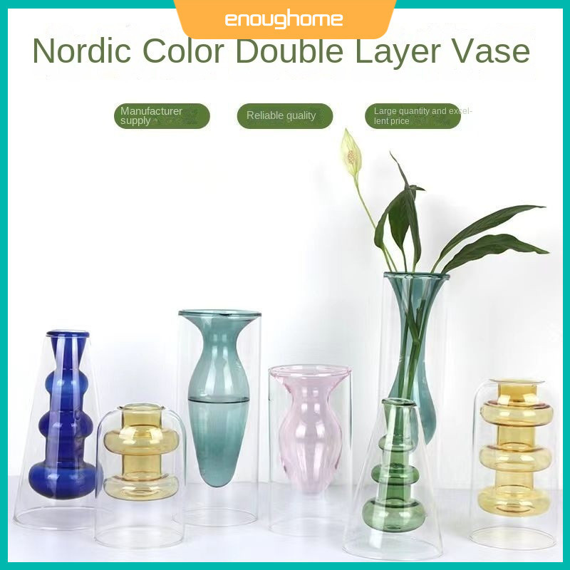 Enoughome Nordic ins สีสันที่มีสีสัน Double-Layer แก้วที่มีสีสันศิลปะแจกันขนาดเล็กหรูหราเดสก์ท็อปห้องนั่งเล่นตกแต่ง
