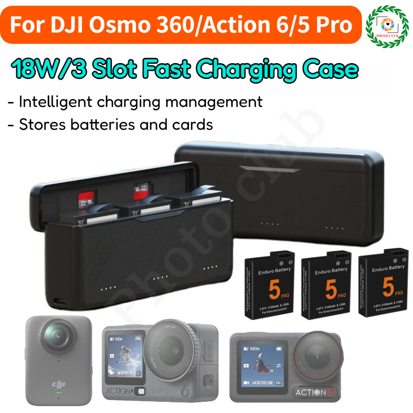 สําหรับ DJI Action 6/5 Pro 2100mAh แบตเตอรี่ Li-ion แบบชาร์จไฟได้สําหรับ DJI Osmo 360 3 ช่อง Fast Charging กรณีเปลี่ยนแบตเตอรี่