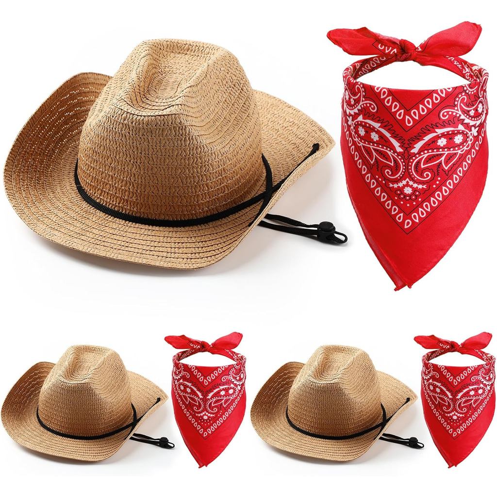 Unittype Cowboy Hats Set of 3 with Red Bandanas - Classic Western Cowboy Party Hat Accessories
