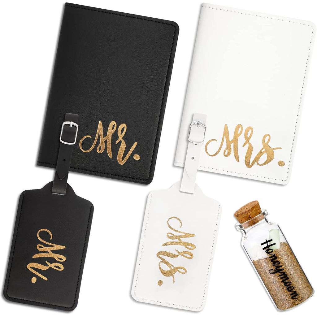 Saintrygo 5 Pcs Mr and Mrs Passport Holder Cover Travel Luggage Tag Honeymoon Set Couple Gift for We