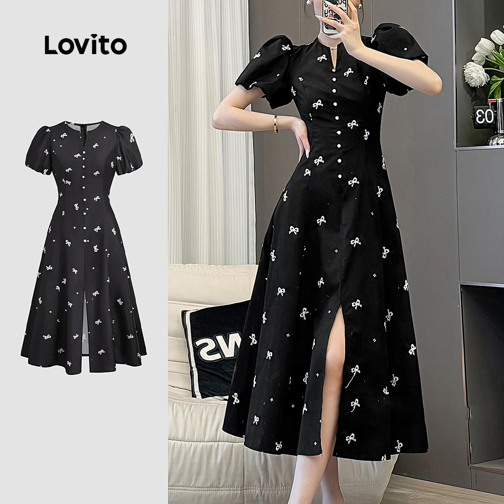 Lovito ชุดเดรสลำลองสีดำติดกระดุมหน้าฤดูร้อน/ฤดูใบไม้ผลิสำหรับผู้หญิง L134ED529