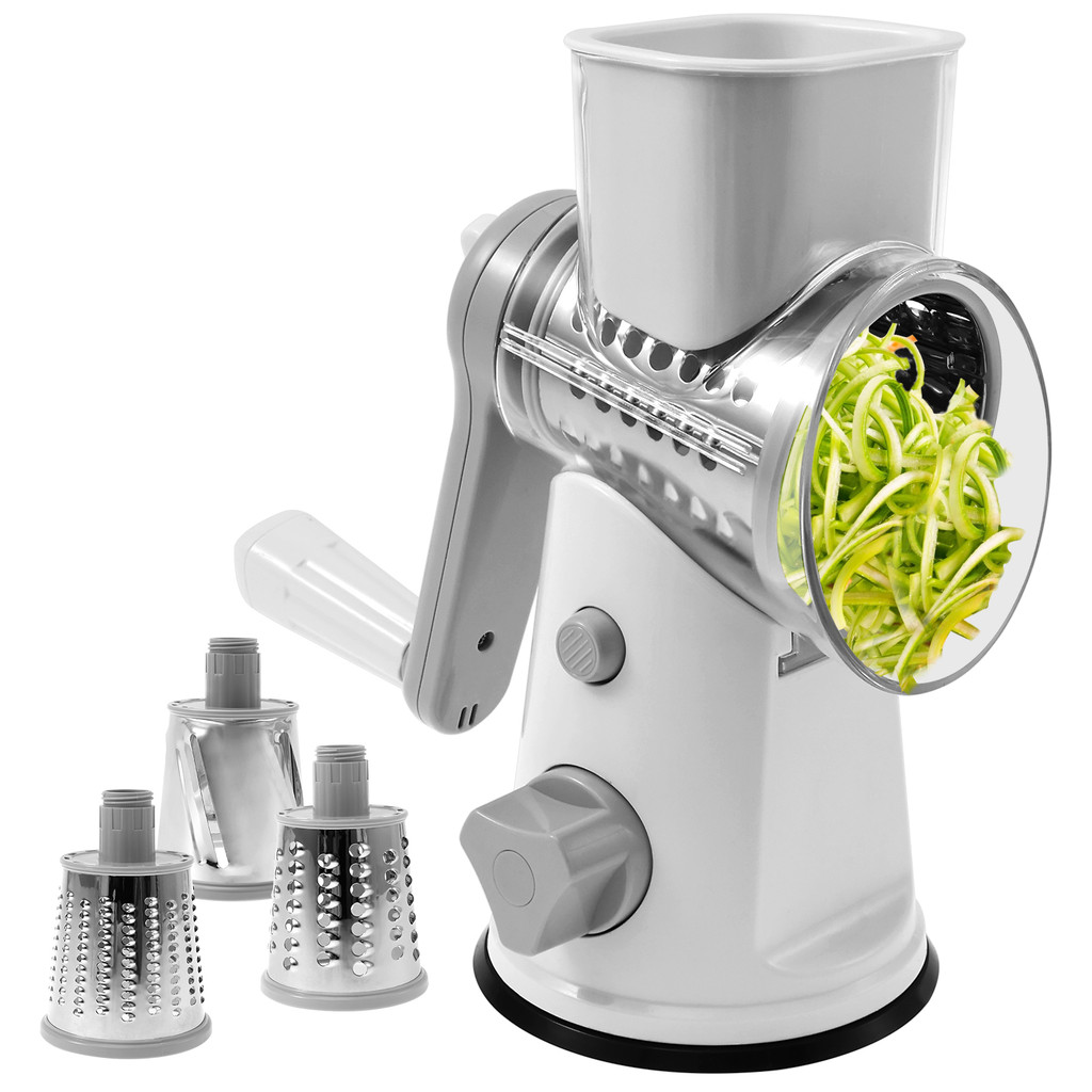 เครื่องทําลายชีสแบบหมุนเครื่องทําชีสแบบหมุนด้วยมือพร้อมใบมีดกลองสแตนเลสแบบถอดเปลี่ยนได้ 3 ใบ ร้านค้า