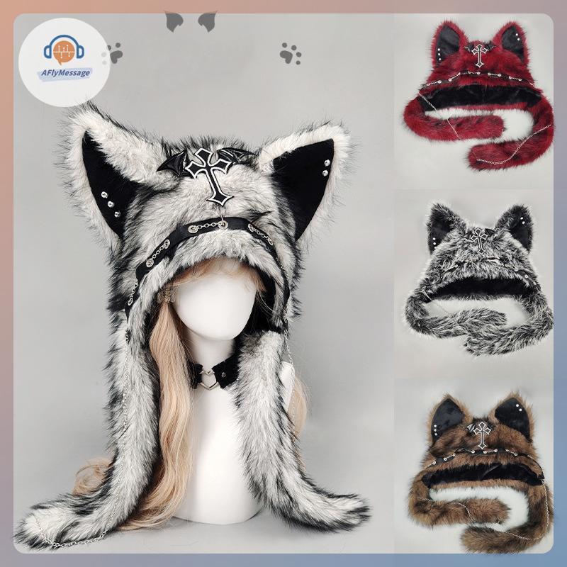 AFl Dark Series Gothic Plush หมวก Y2K Cross Metal สำหรับคอสเพลย์และHALOWEEN Punk Rock หมวกอุ่นสำหรับ