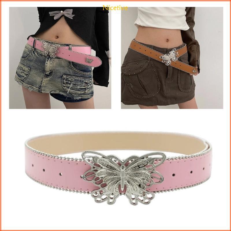 PU Leathers Belt Pin Buckle Belt Y2K Butterfly Buckle Wide Belt Adult Waistband