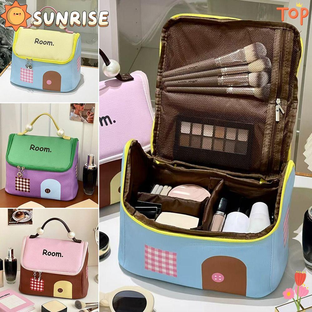 SUNRISE Wash Bag, กระเป๋าแต่งหน้าความจุขนาดใหญ่หลากสี, กระเป๋าเครื่องสําอางบ้านหลังเล็กแบบพกพาผู้หญิง