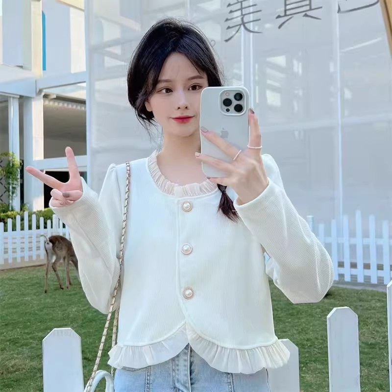 Bived เสื้อเชิ้ตแขนยาวผู้หญิง คาร์ดิแกนลายลูกไม้ เสื้อโค้ทตัวสั้น
