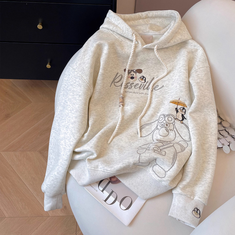 Solovely ผ้าฝ้า เสื้อฮู้ด ผู้หญิง สไตล์เกาหลี งานปัก แขนยาว เสื้อสเวตเตอร์