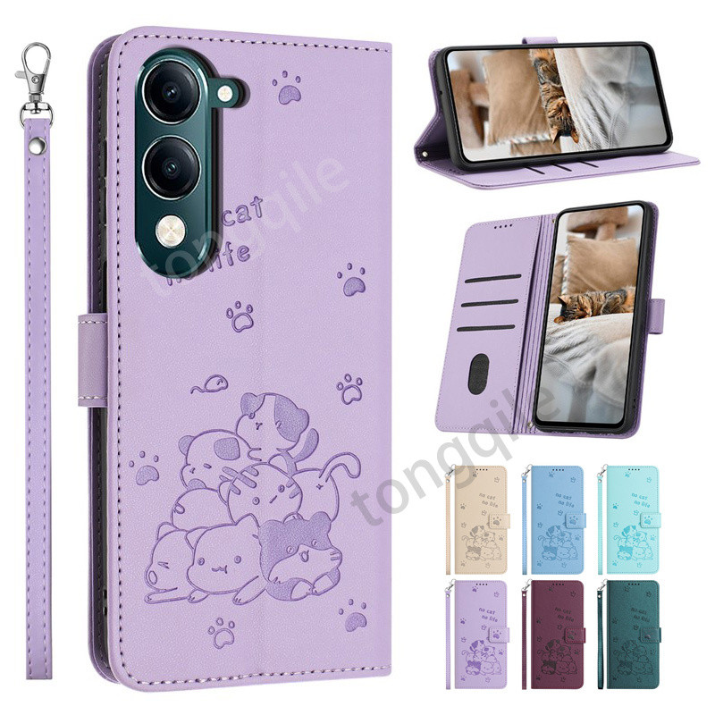 กรณีพลิกสําหรับVivo Y04 Y04s VivoY04 Y 04 04s 4G 2025 หรูหราหนังฝาครอบโทรศัพท์ปลอกช่องใส่การ์ดกระเป๋าสตางค์แมวรูปแบบขาตั้งผู้ถือกันชนกันกระแทกAnti Drop Lanyard