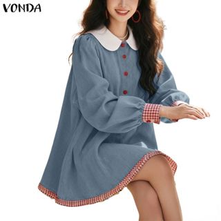 VONDA ชุดวินเทจเกาหลีสำหรับผู้หญิง แขนยาว สก็อตทัลซาร์ ตัดเย…