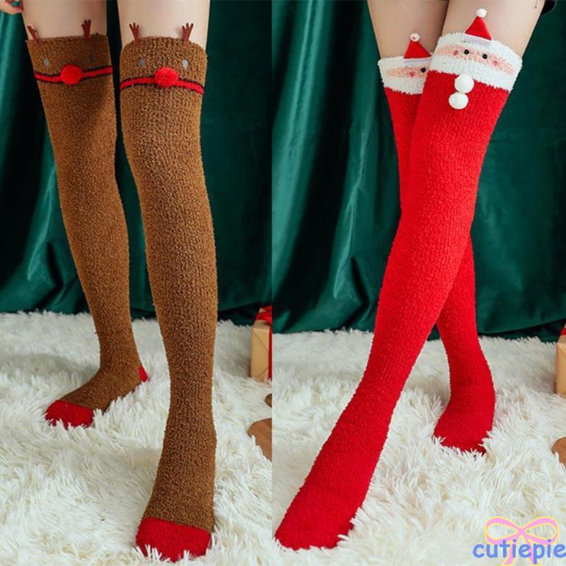 Cutie Women ถุงน่องต้นขากํามะหยี่คริสต์มาส Santa Elk Fuzzy Sleep Over Knee Sock