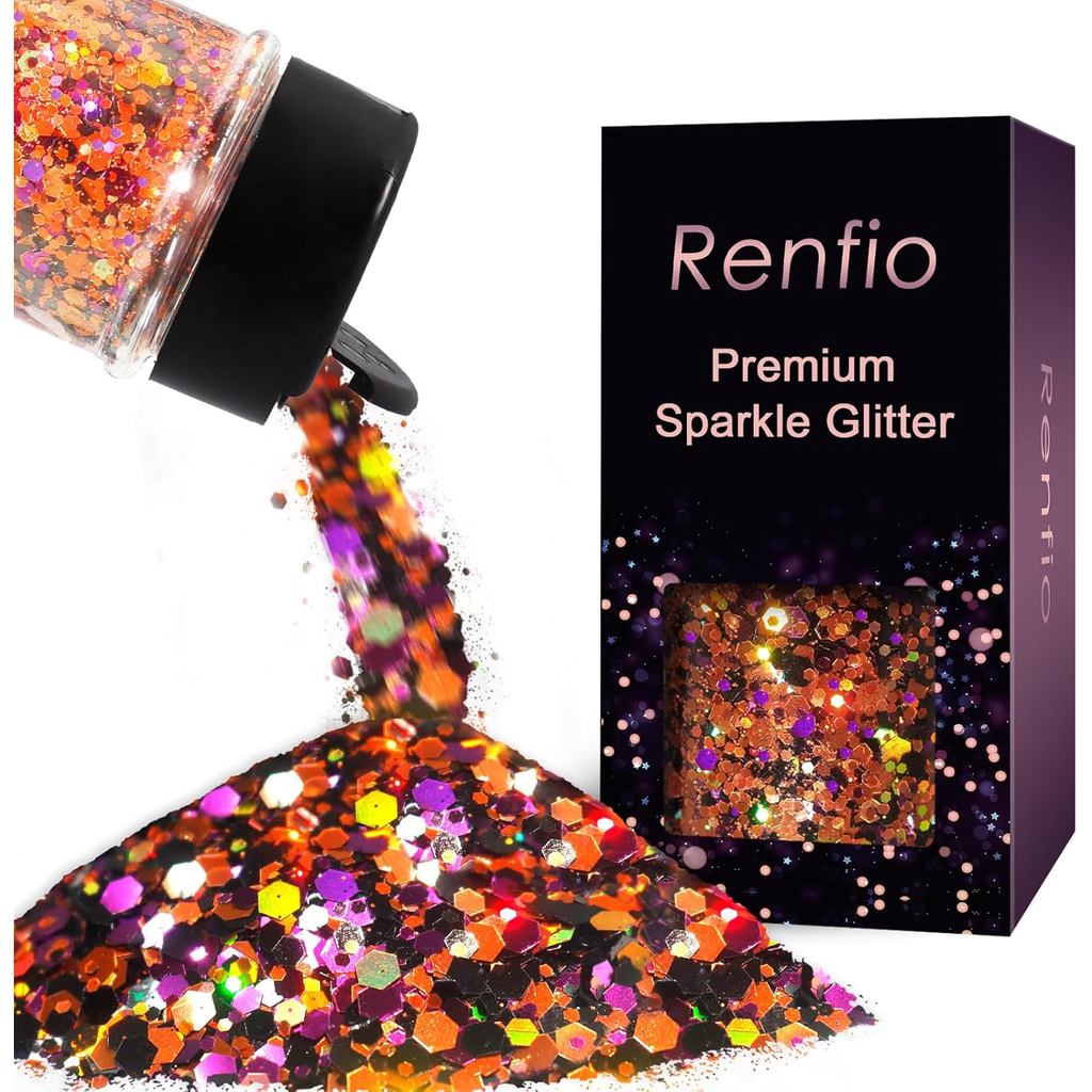 Renfio สีส้มสีม่วงสีดํา Chunky Glitter,ผสม Holographic Glitter สําหรับ Helloween,1.76oz/50g Iridesce