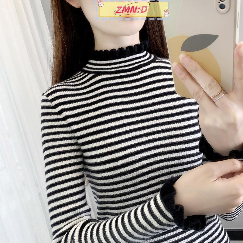 ZMN:D แฟชั่นและ Casual สไตล์เกาหลี One-Line ลายรอบคออินเทรนด์ Slim เสื้อกันหนาวสําหรับผู้หญิง RRT