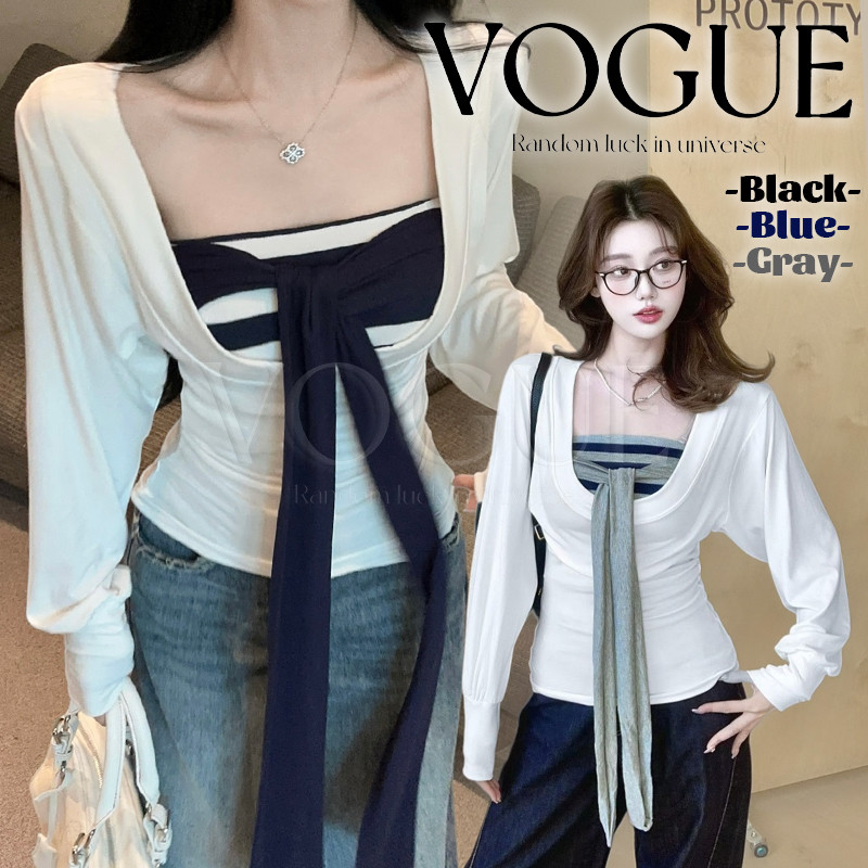 Vogue🌟พร้อมส่ง🌟 เสื้อคุณภาพดีสำหรับผู้หญิง เสื้อแขนยาว/เกาะอกลายทางเสริมฟองน้ำ (FY5598/FY5510)