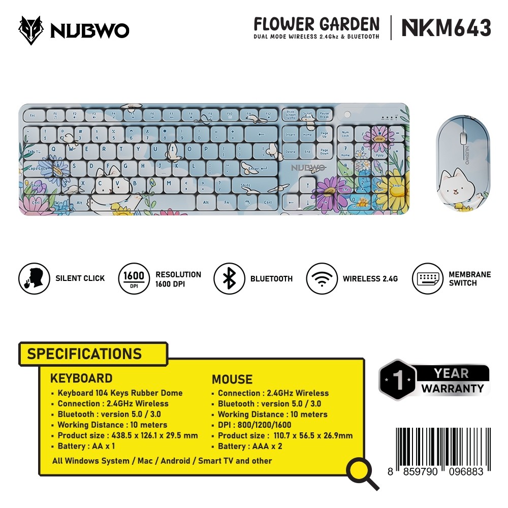 Nubwo NKM643Keyboard+Mouse Dual mode Wireless/Bluetooth RubberDome Switch แป้นพิมพ์ ชุดเมาส์คีย์บอร์