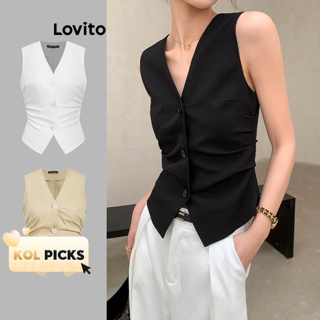 (KOL‘s pick) Lovito เสื้อกล้ามผู้หญิง จีบหน้า สไตล์ลำลอง L65ED049 (หลากสี)