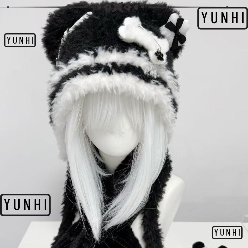 หมวกบีนนี่สไตล์ Punk Lolita และ Gothic Harajuku แบบ Y2K มีลายโครงกระดูกและดาวพร้อมขนปุยนุ่ม