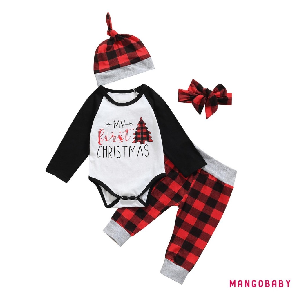 MG-4 ชิ้นคริสต์มาสเด็กทารกชายชุด Tree Letter พิมพ์แขนยาวรอบคอ Romper + กางเกงลายสก๊อต + หมวก + ชุด H