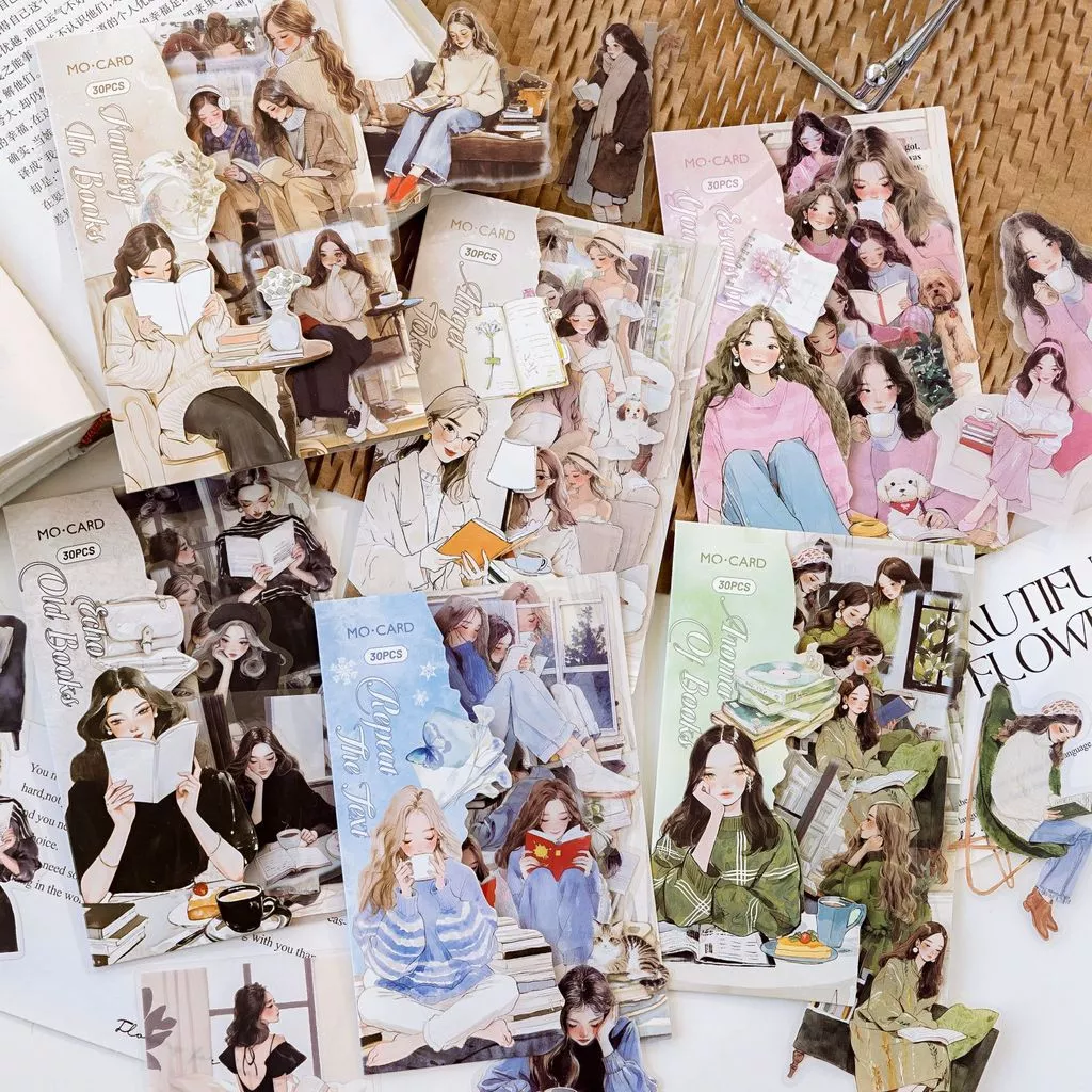 Journamm 30pcs สติกเกอร์สมุดภาพ Vintage Elegant วรรณกรรมอ่านสาว Scrapbooking Junk Journal หัตถกรรมปักสติกเกอร์ตกแต่ง