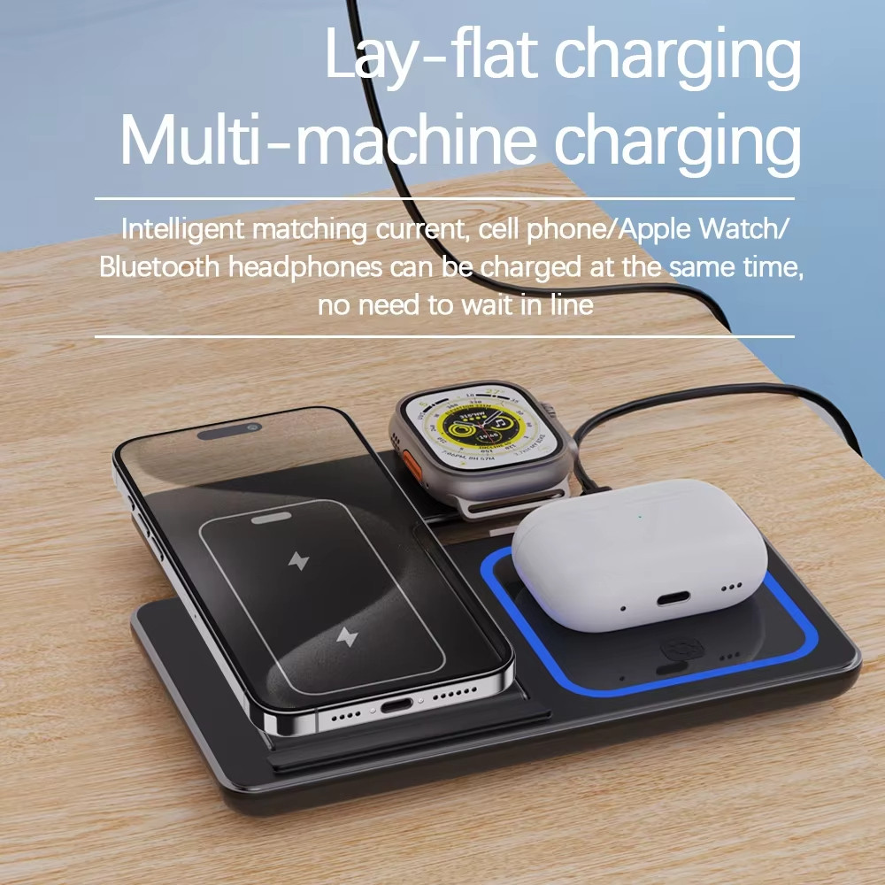 Fast Wireless Charger Stand 3 ใน 1 สถานีชาร์จแบบพับได้สําหรับ iPhone ซีรี่ส์ไอโฟน Apple Watch 9 8 7 6 5 Airpods Pro - รูปที่ 2