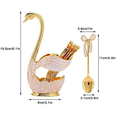 Metal Coffee Dessert Spoon Set, Fruit Dessert Flatware Swan Base Holder Spoon Organizer with 6pcs Co