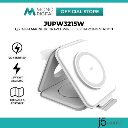 J5create JUPW3215W Qi2 3-in-1 สถานีชาร์จไร้สายแม่เหล็ก MagSafe พับ Travel Charger สําหรับ iPhone 16 