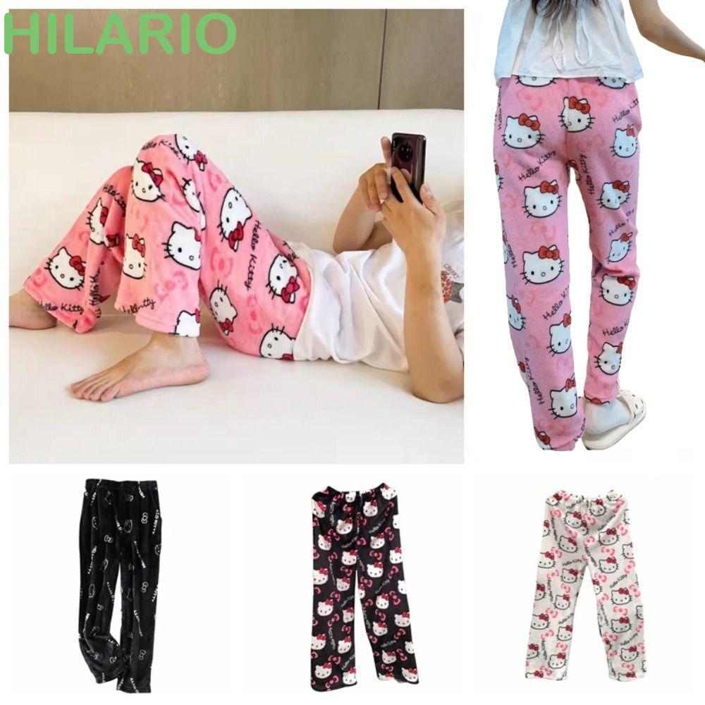 Hilario ชุดนอนกางเกง ผ้าฟลีซ ผ้ายืด ลายการ์ตูนคิตตี้ แฟชั่นฤดูหนาว สําหรับผู้หญิง