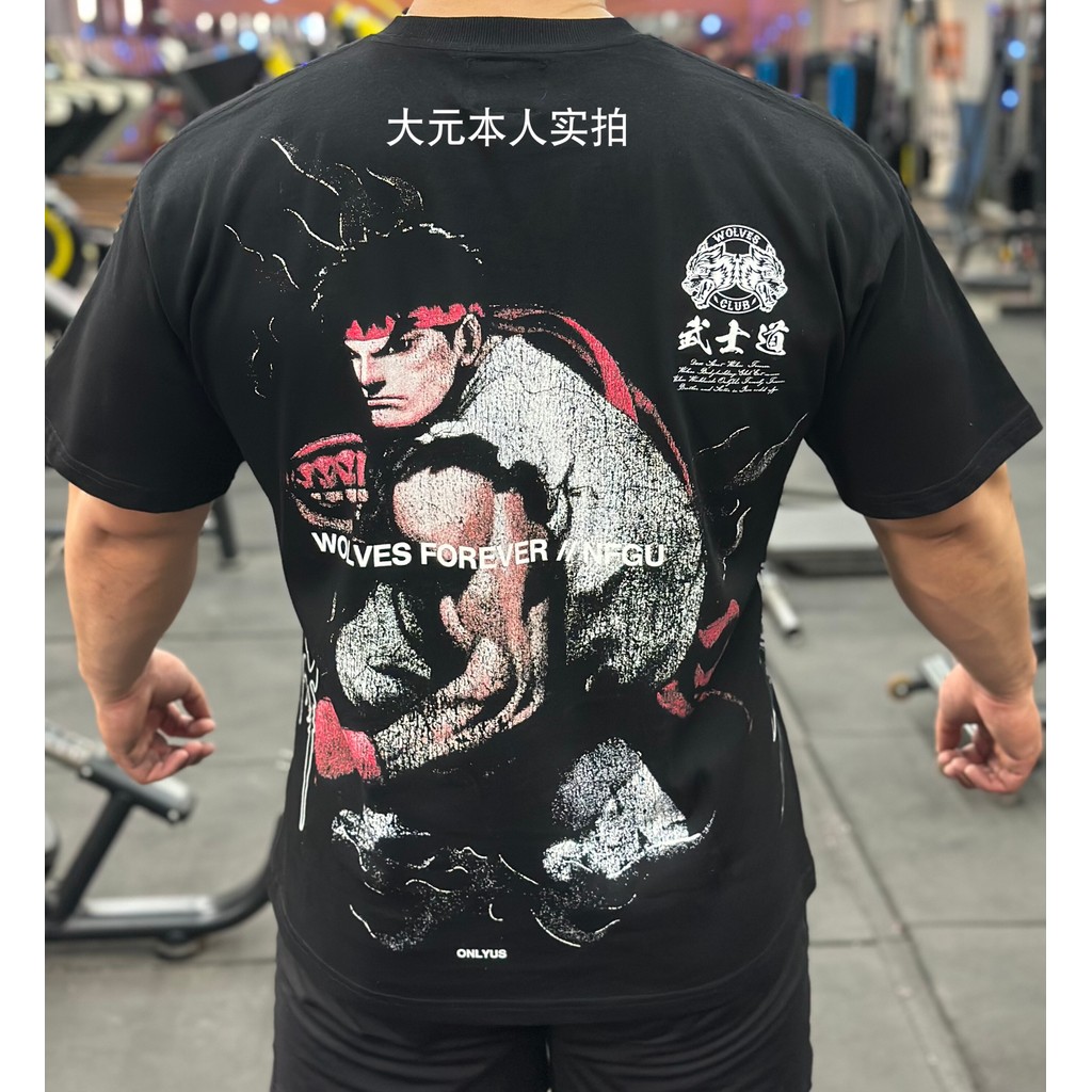 Gymboy อะนิเมะ Takashi Bushido พิมพ์ Street Fighter ผ้าฝ้าย 100% หลวมผู้ชายกีฬาฟิตเนสเสื้อยืด 056
