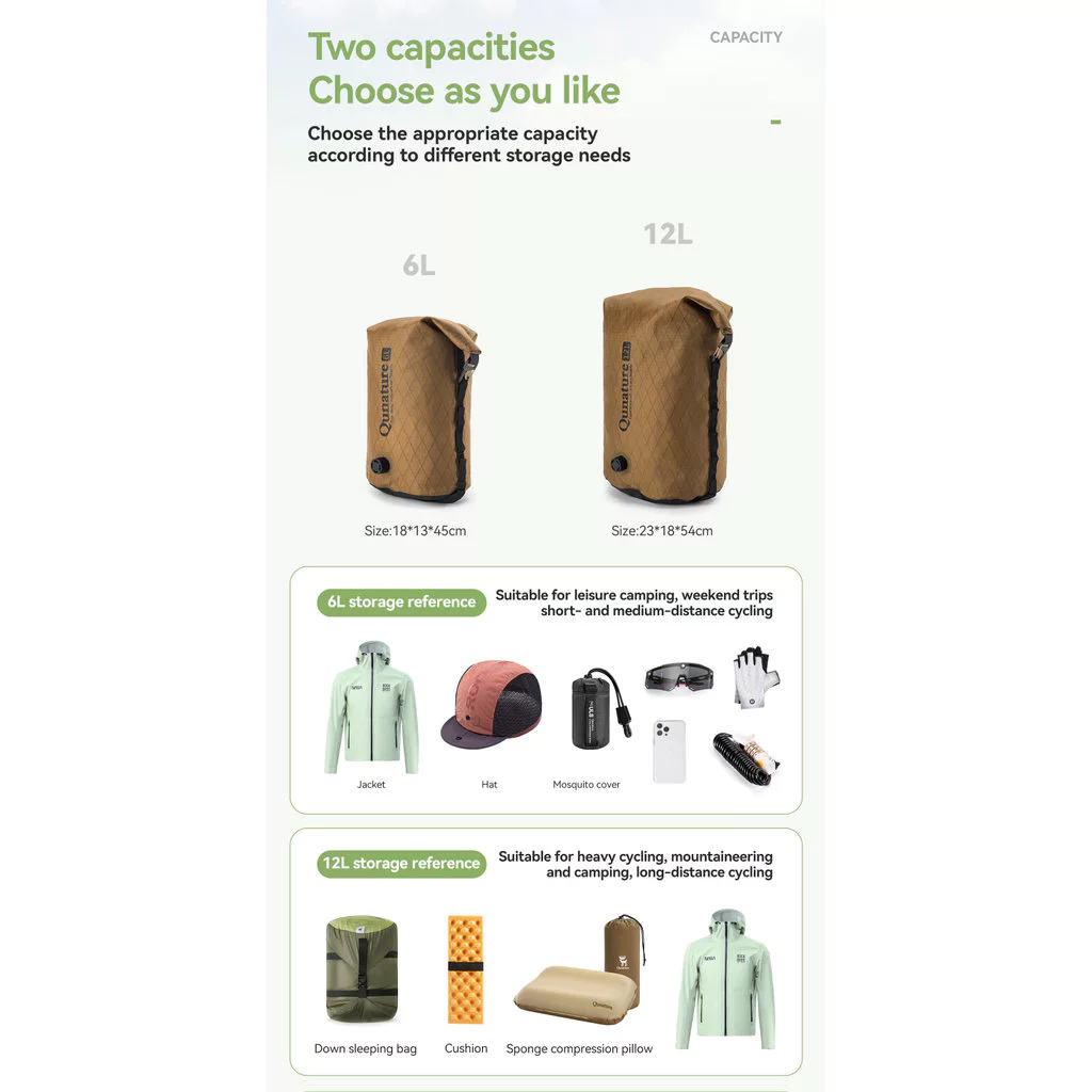 Qunature Bikepacking ถุงกันน้ำแบบบีบอัด 6/12L กระเป๋าข้างจักรยานแบบ Dry Bag ขยายได้ ทนต่อการสึกหรอ เหมาะสำหรับทัวร์ริ่งและปั่นไปทำงาน ใช้ได้กับจักรยานเสือหมอบและเสือกรวด thumbnail 9